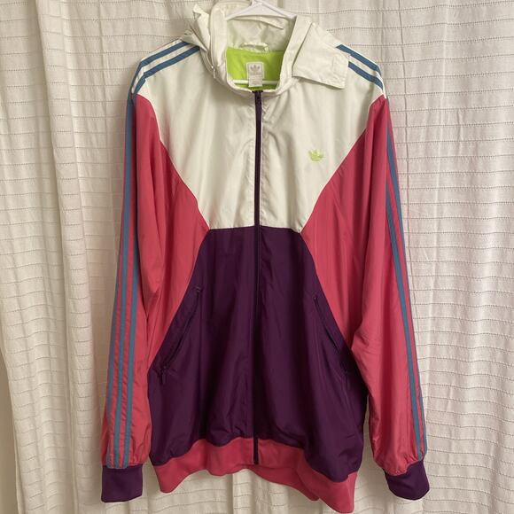 adidas windbreaker jacket women 2xl White Pink Purple Zip Removable Hood - Picture 1 of 6
